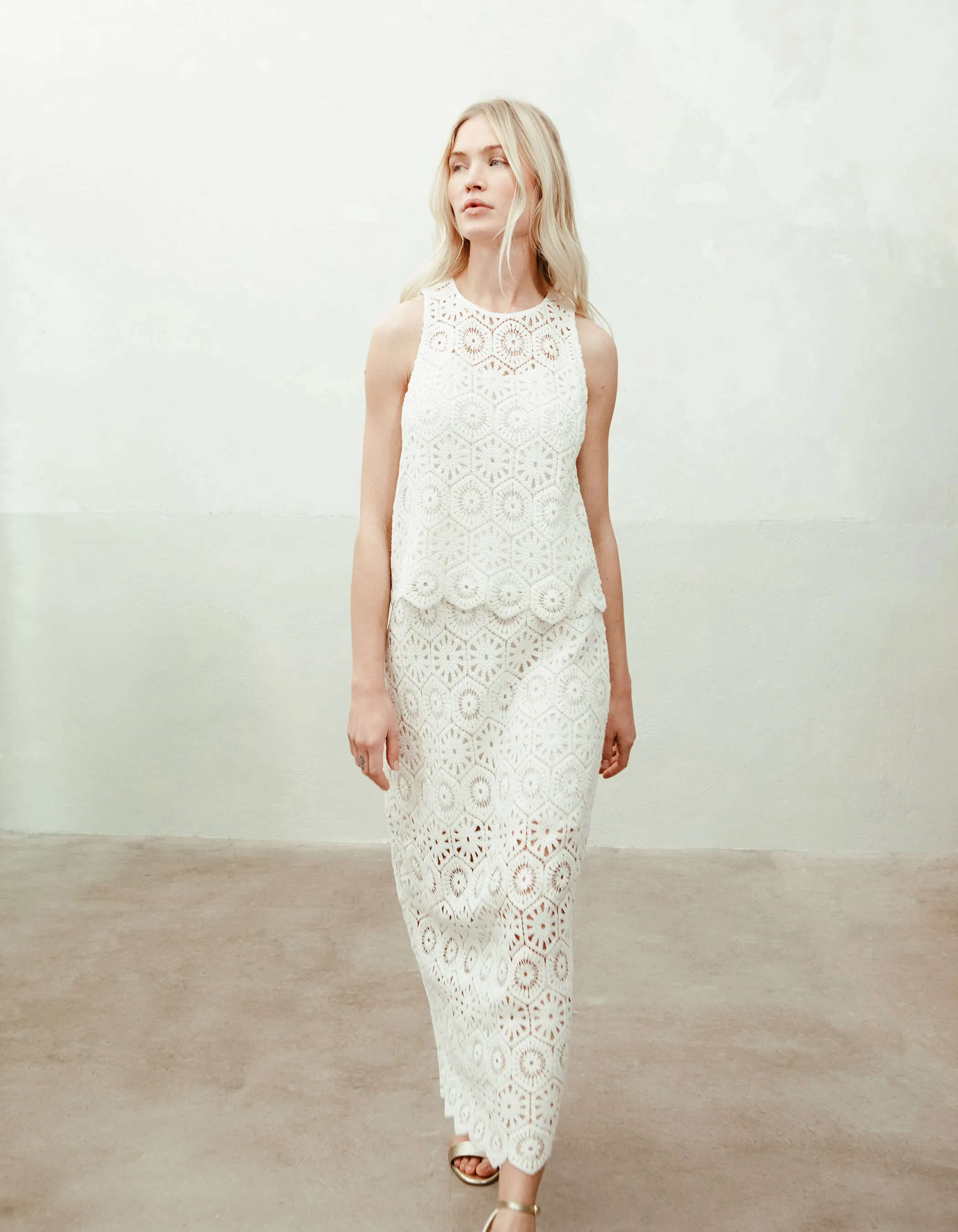 Jupe longue écrue en crochet Femme