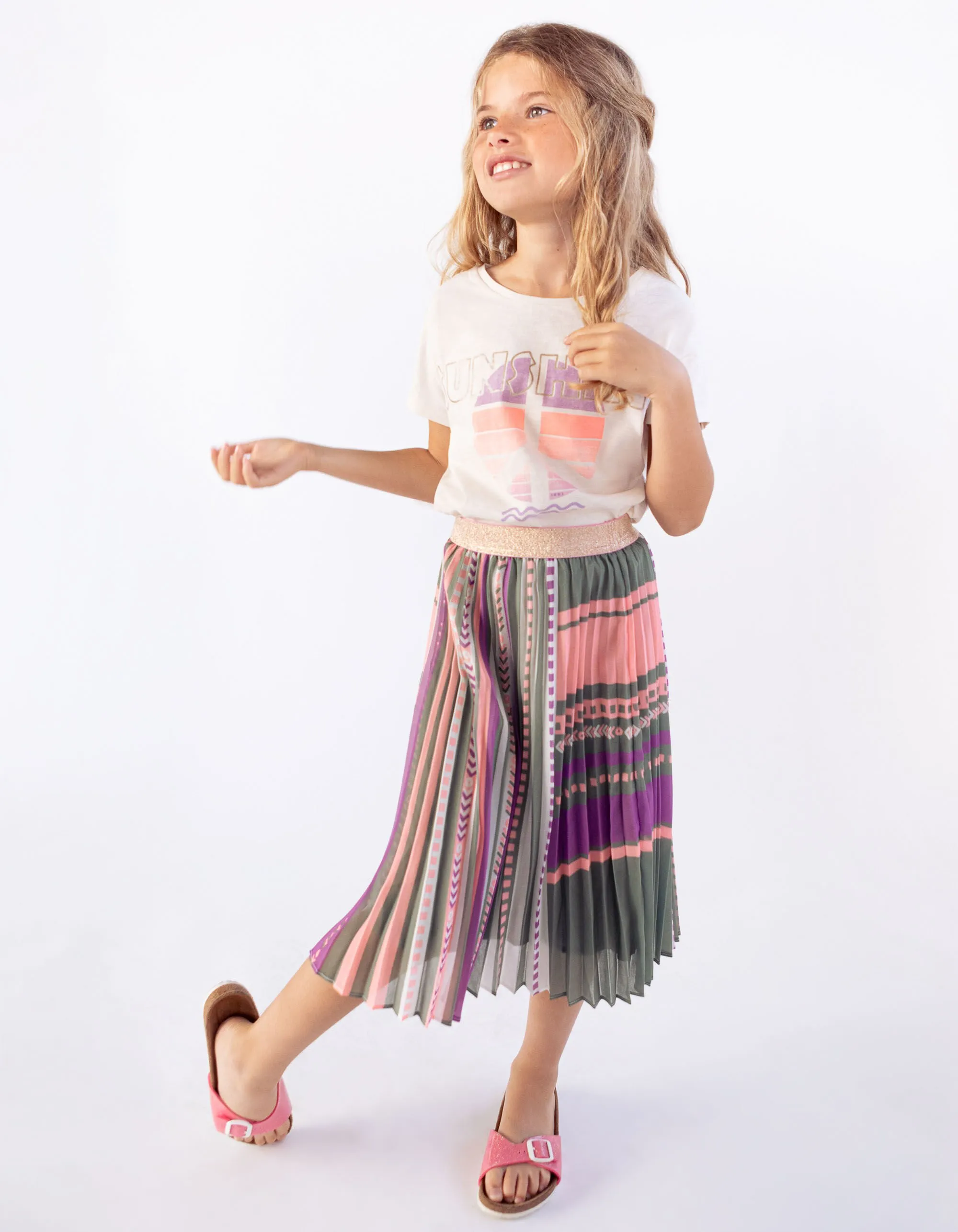 Jupe longue plissée kaki à motifs ethniques fille