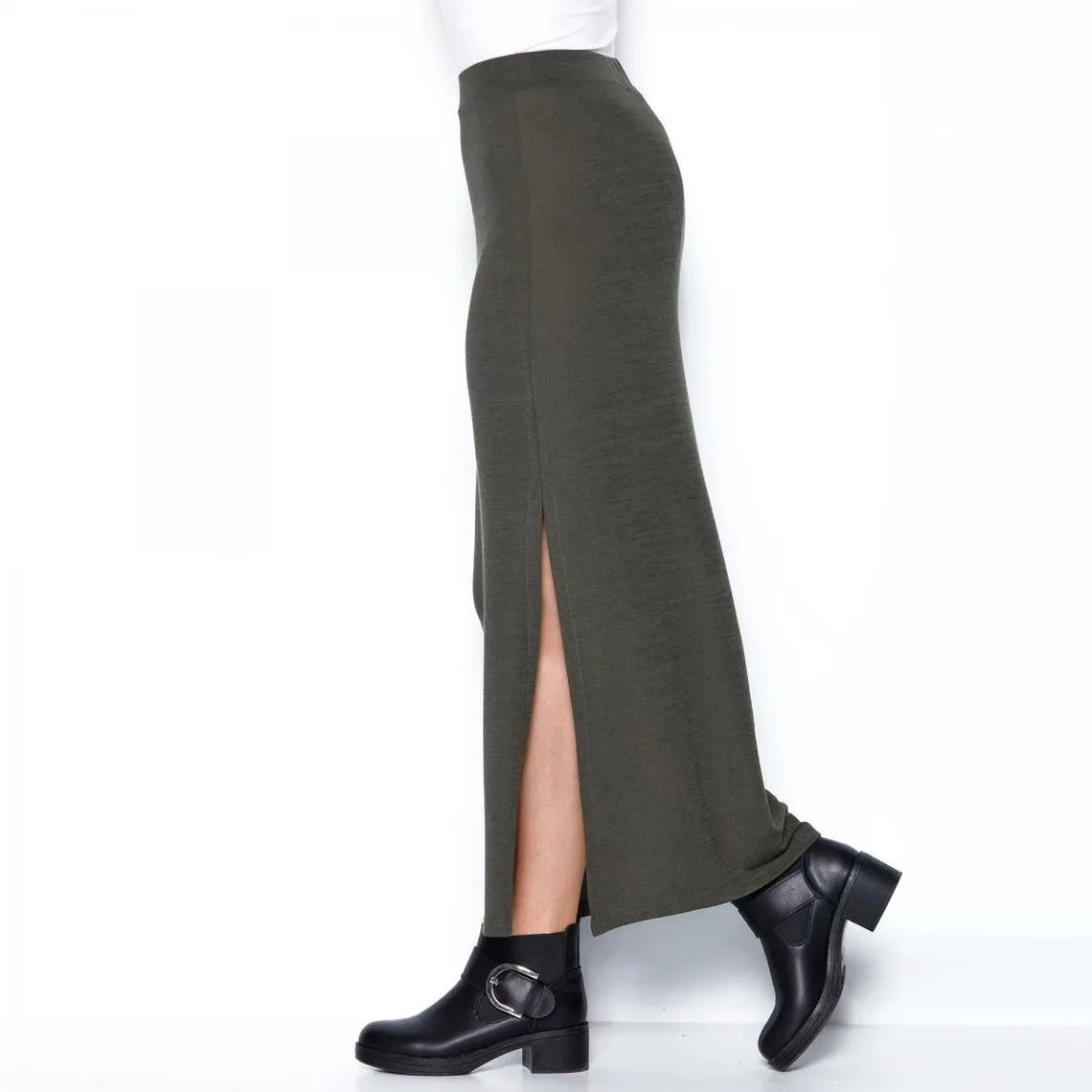 Jupe longue taille élastique fente latérale femme Kaki | 3 Suisses