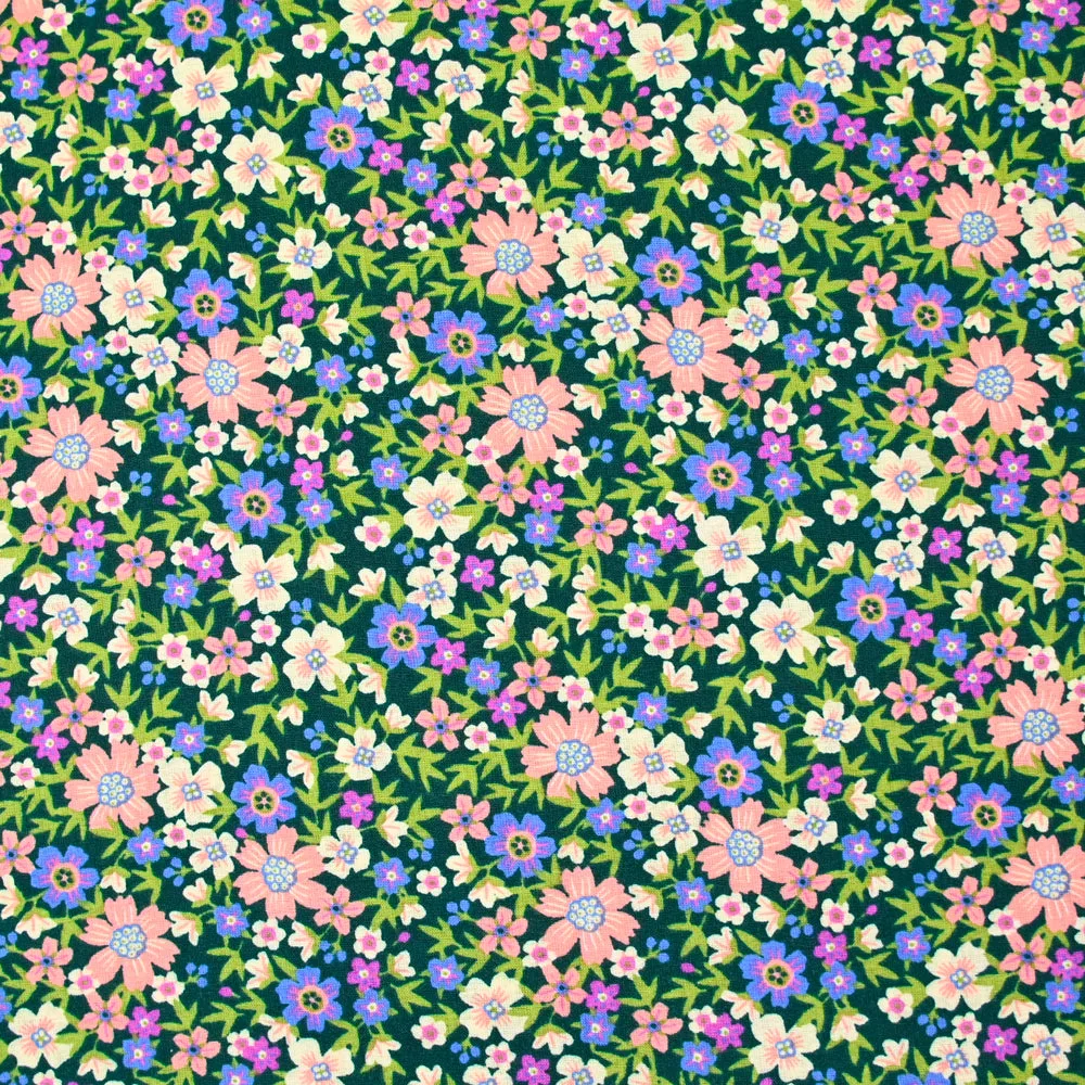 Popeline de coton imprimée fleurs Louison fond vert