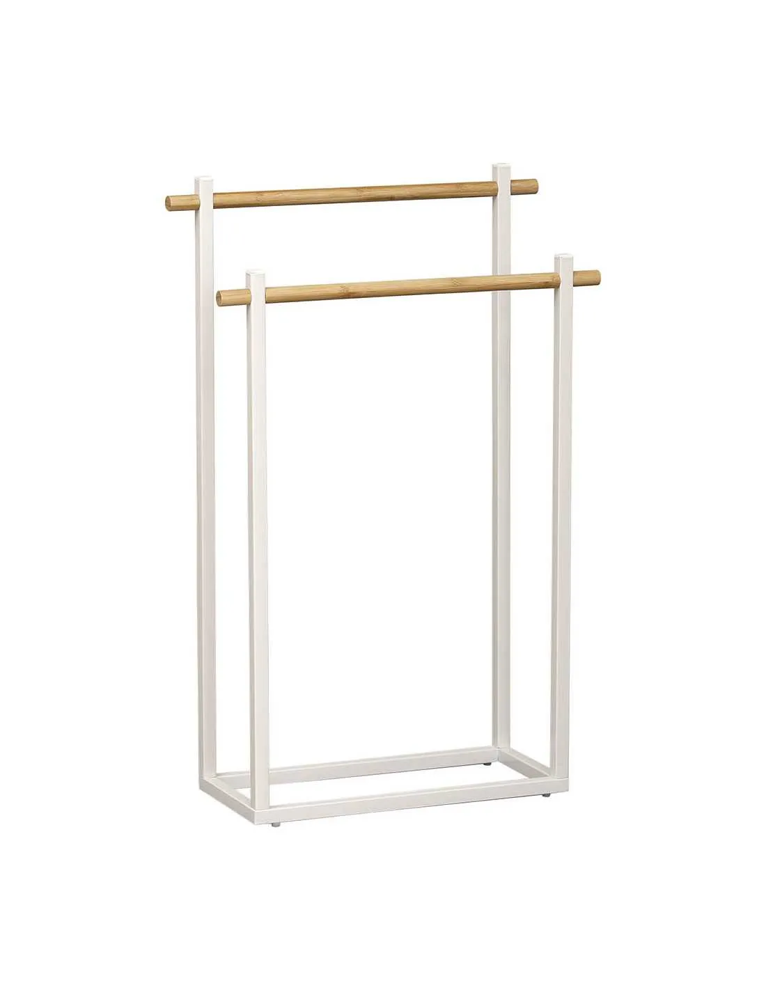 Porte Serviettes Metal Structure Rectangulaire Et 2 Barres Bambou - Blanc/Bambou