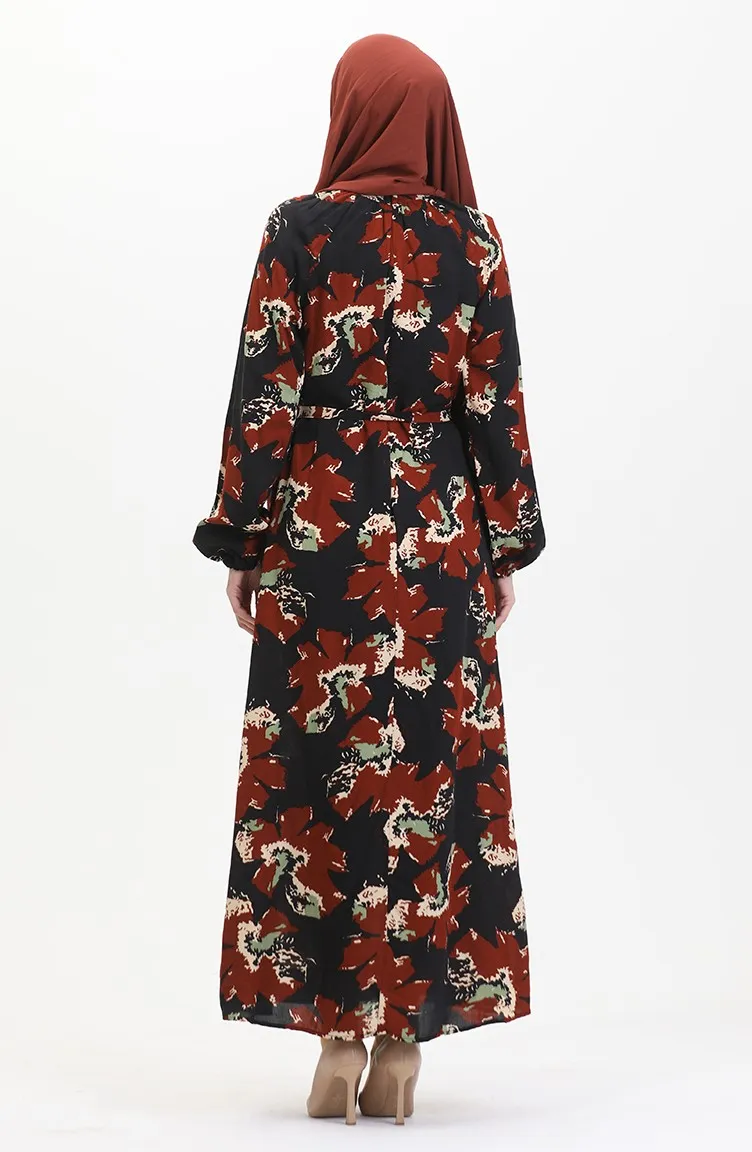 Robe A Motifs Ceinturée Manches Raglan 0476-01 Carreau 0476-01