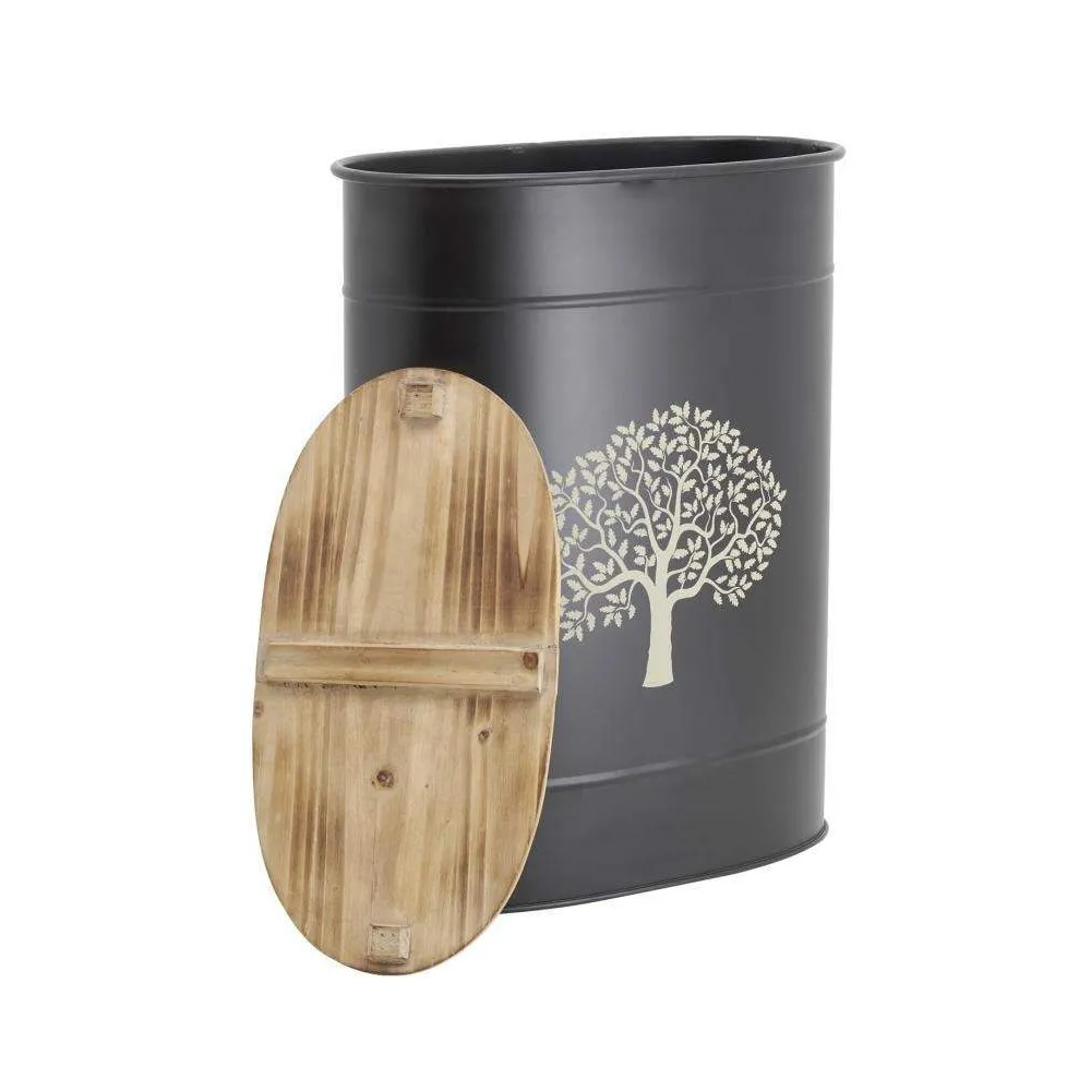 Tabouret et seau à pellets avec pelle au coin du feu métal noir arbre