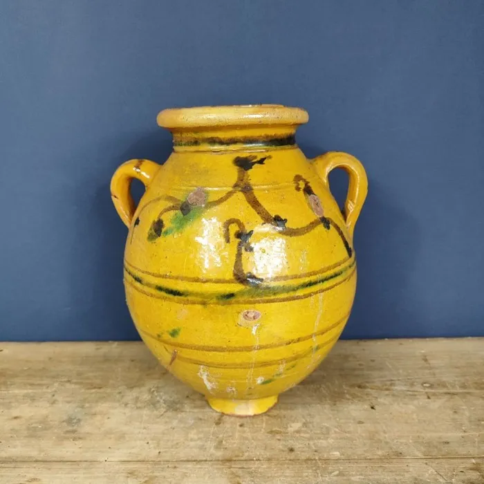 Vase amphore terre cuite artisanal glacuré jaune & marron - Le palais des bricoles